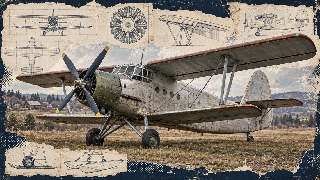 Badge-free Antonov An-2 utility biplane with complete four-blade propeller on a rough grass airstrip in a distressed Engine Room collage