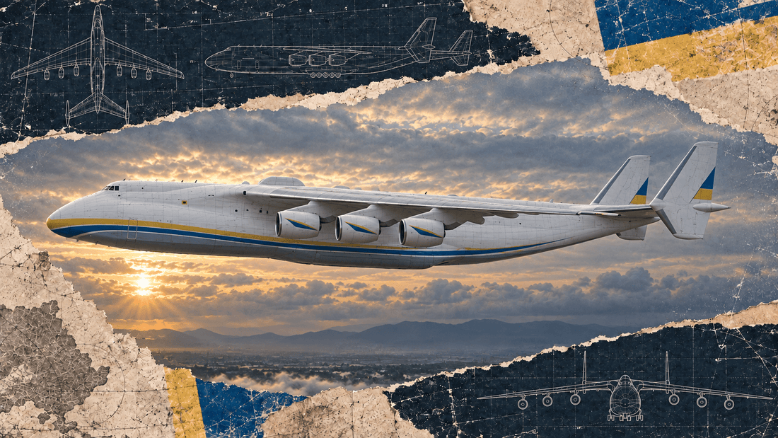 Antonov An-225 Mriya six-engine cargo aircraft in a distressed technical collage