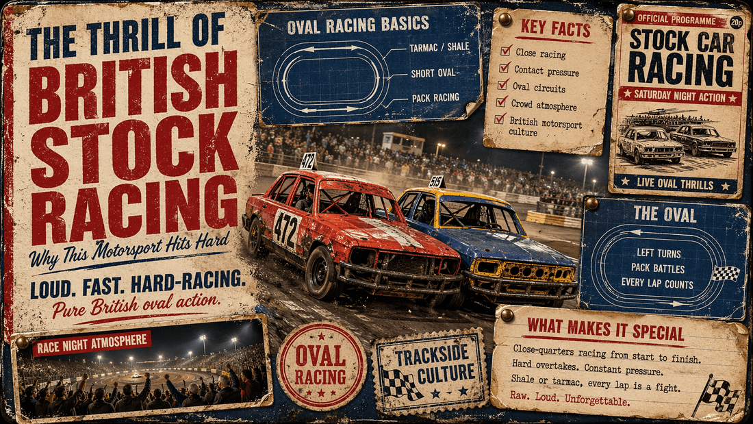 Vintage British stock car racing blog banner featuring two stock cars battling on an oval track with retro racing notes.