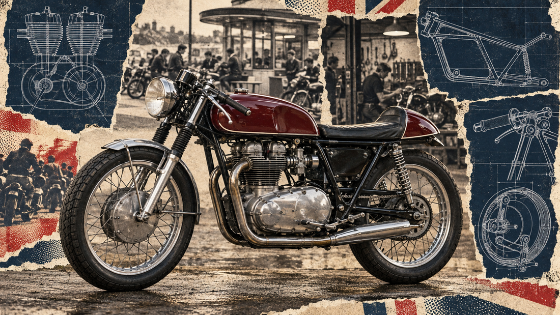 Badge-free British-style café racer in a distressed navy and cream collage with engine and frame blueprints