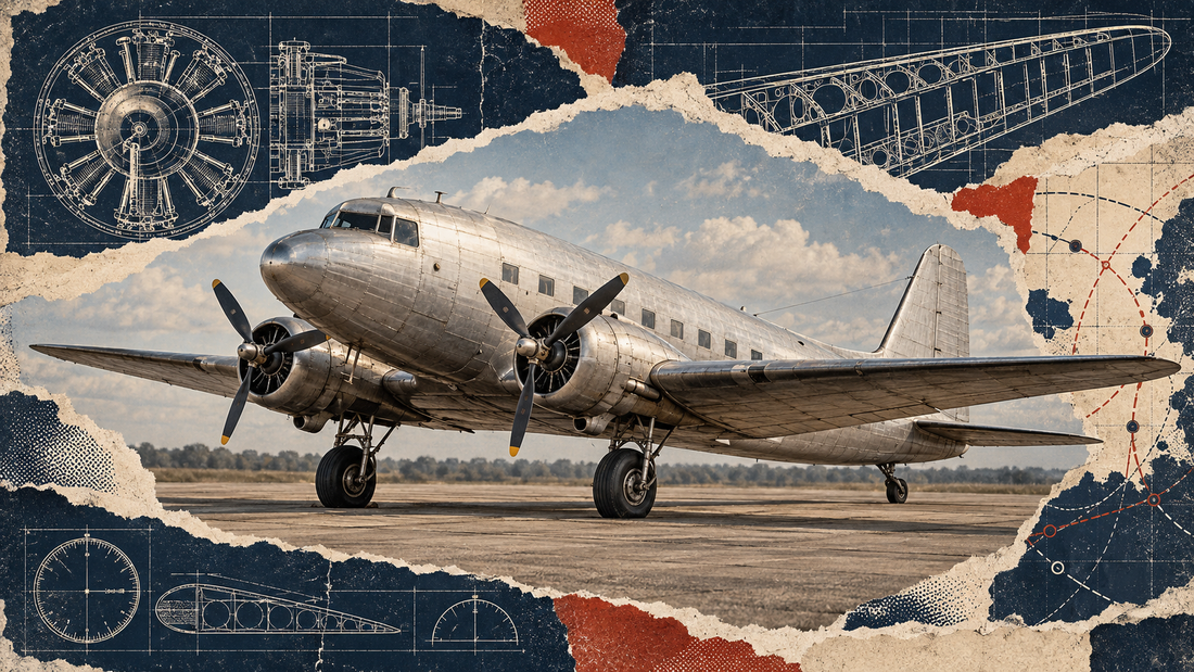 Distressed navy and cream editorial collage of a silver Douglas DC-3 Dakota with twin radial engines on an airfield, surrounded by technical blueprint details.
