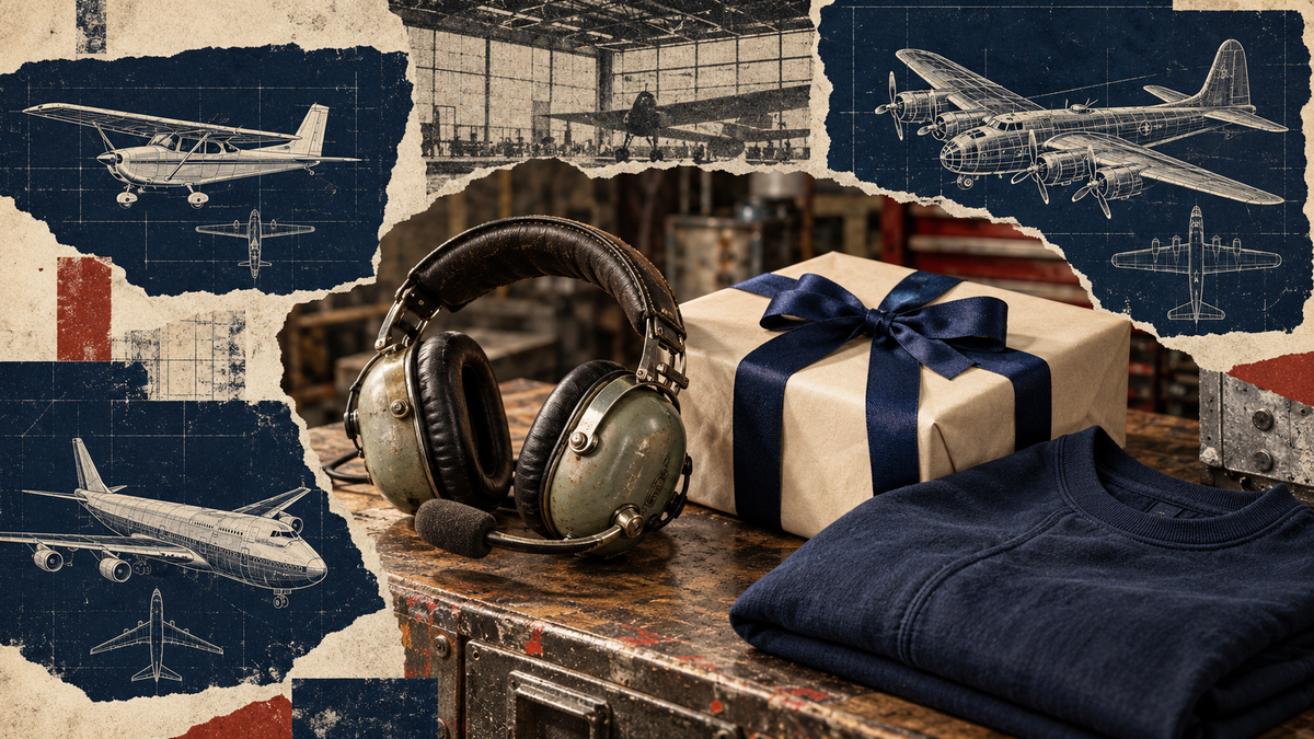 Distressed navy and cream collage of a vintage aviation headset, wrapped gift and folded navy sweatshirt, surrounded by light aircraft, bomber and airliner blueprint drawings.