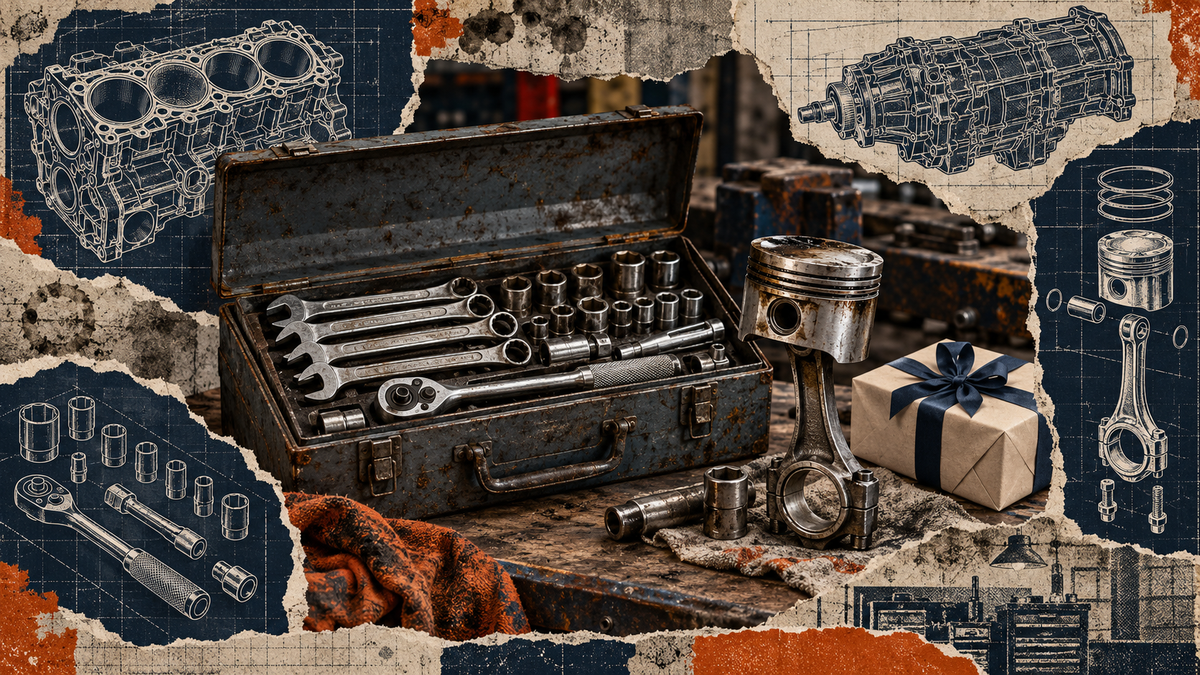 Distressed navy and cream workshop collage with an open mechanic’s toolbox, piston and connecting rod, sockets, spanners and technical line drawings.