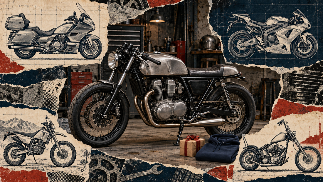 Distressed navy and cream motorcycle gift collage with a badge-free café racer, folded hoodie, wrapped present and technical bike line drawings.