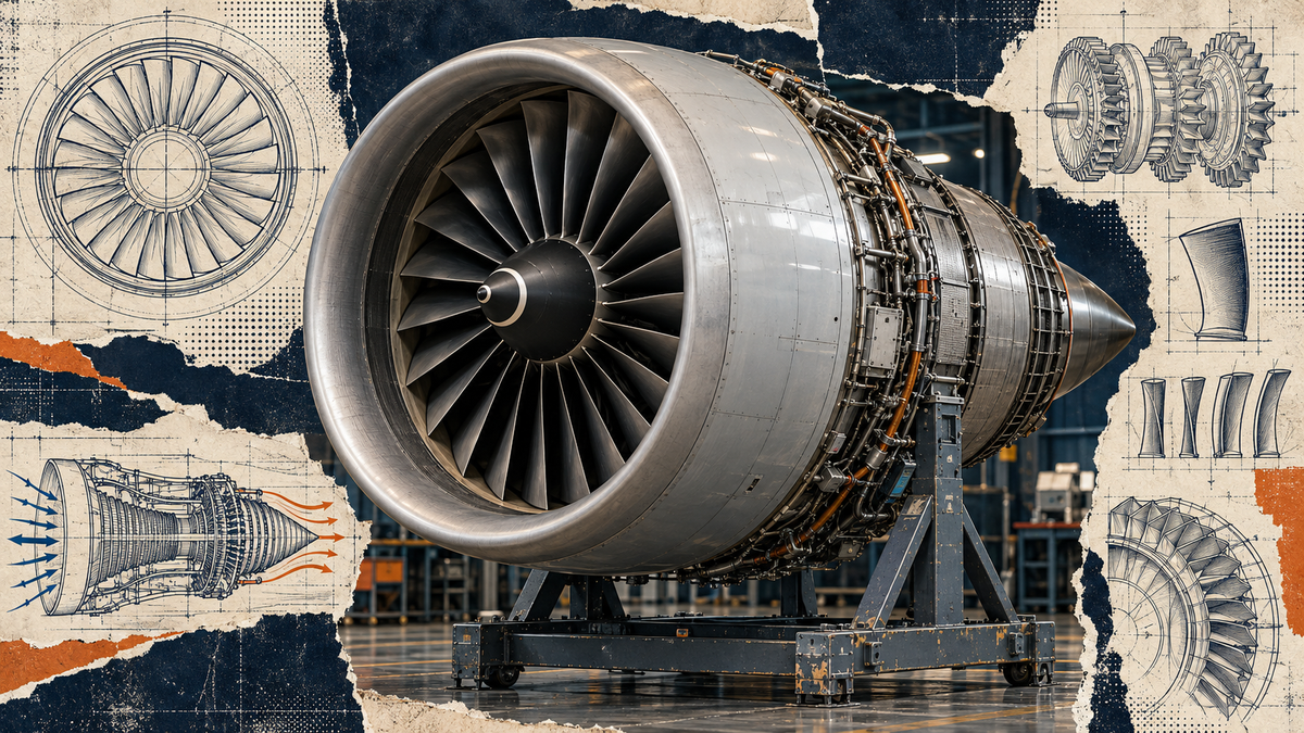 High-bypass turbofan engine on a maintenance stand in a distressed navy and cream technical collage