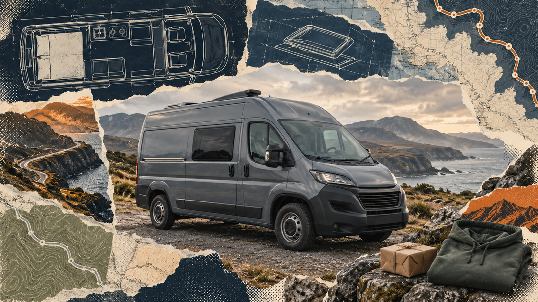Distressed navy and cream van-life gift collage with a badge-free campervan, wrapped present, road map and technical camper layout drawings.