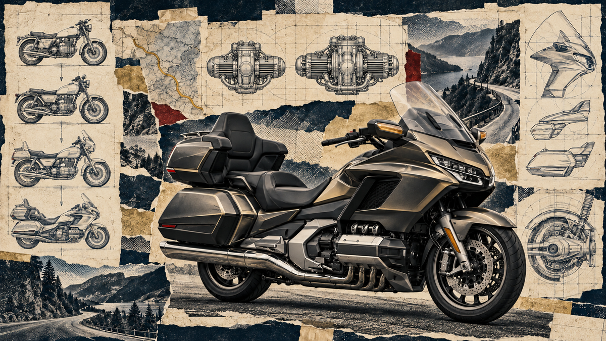 Badge-free luxury touring motorcycle with flat-four and flat-six engine blueprints in a distressed Camberline Engine Room collage