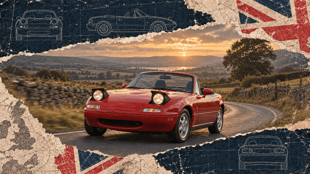 Red first-generation lightweight roadster on a British country road in a distressed technical collage