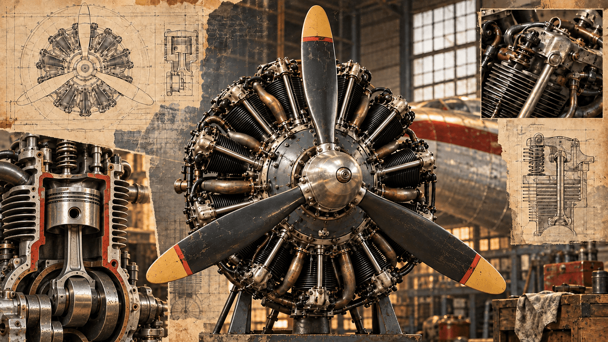 Vintage radial aircraft engine with complete propeller and mechanically accurate piston and crankshaft cutaway