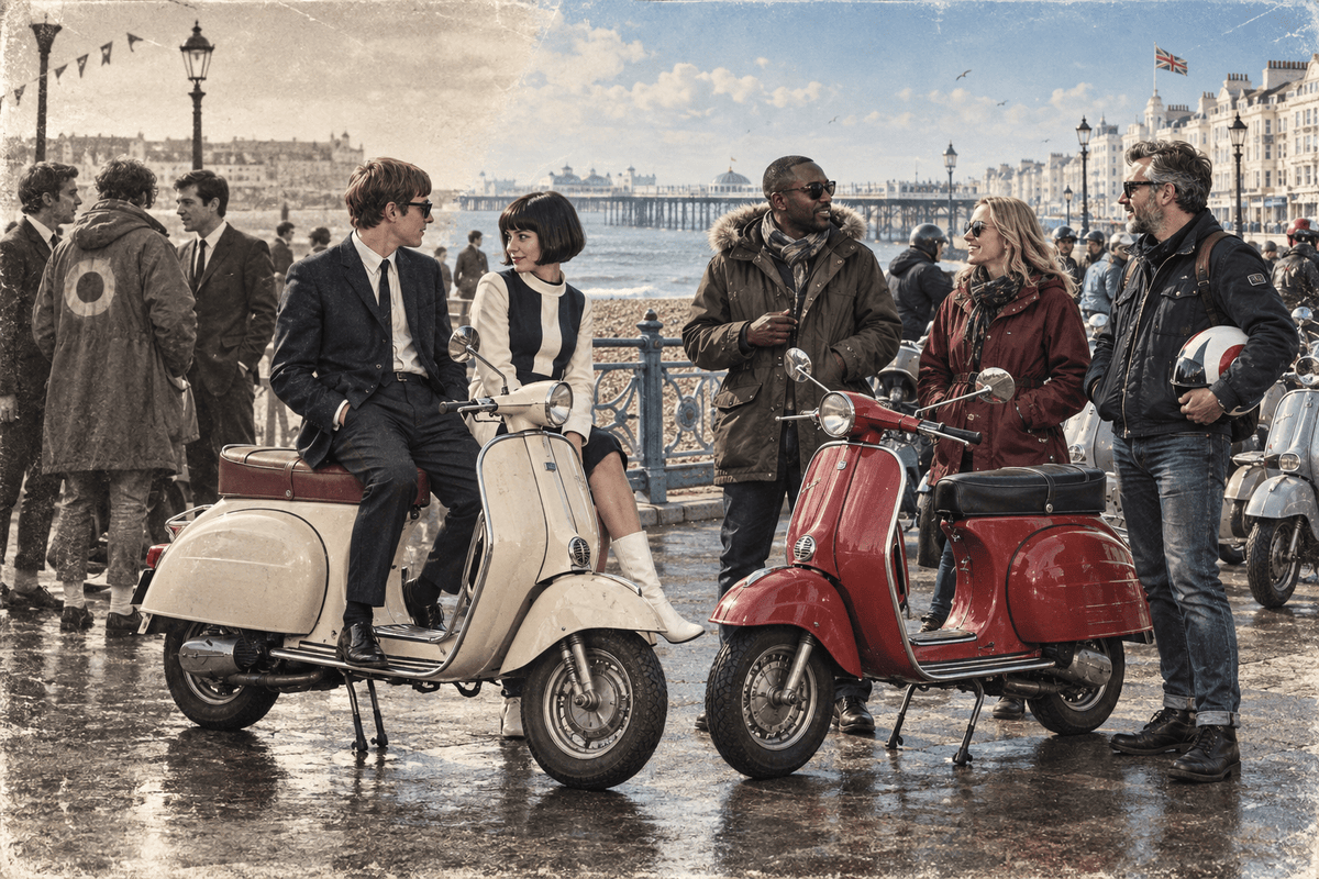 Classic scooter riders on a British seaside promenade, from 1960s Mod culture to the modern scene