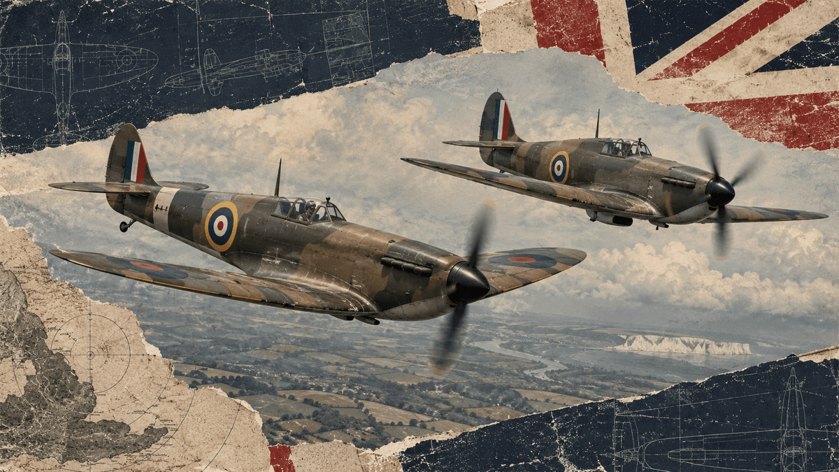 Spitfire and Hawker Hurricane Battle of Britain fighters in distressed Camberline aviation collage artwork