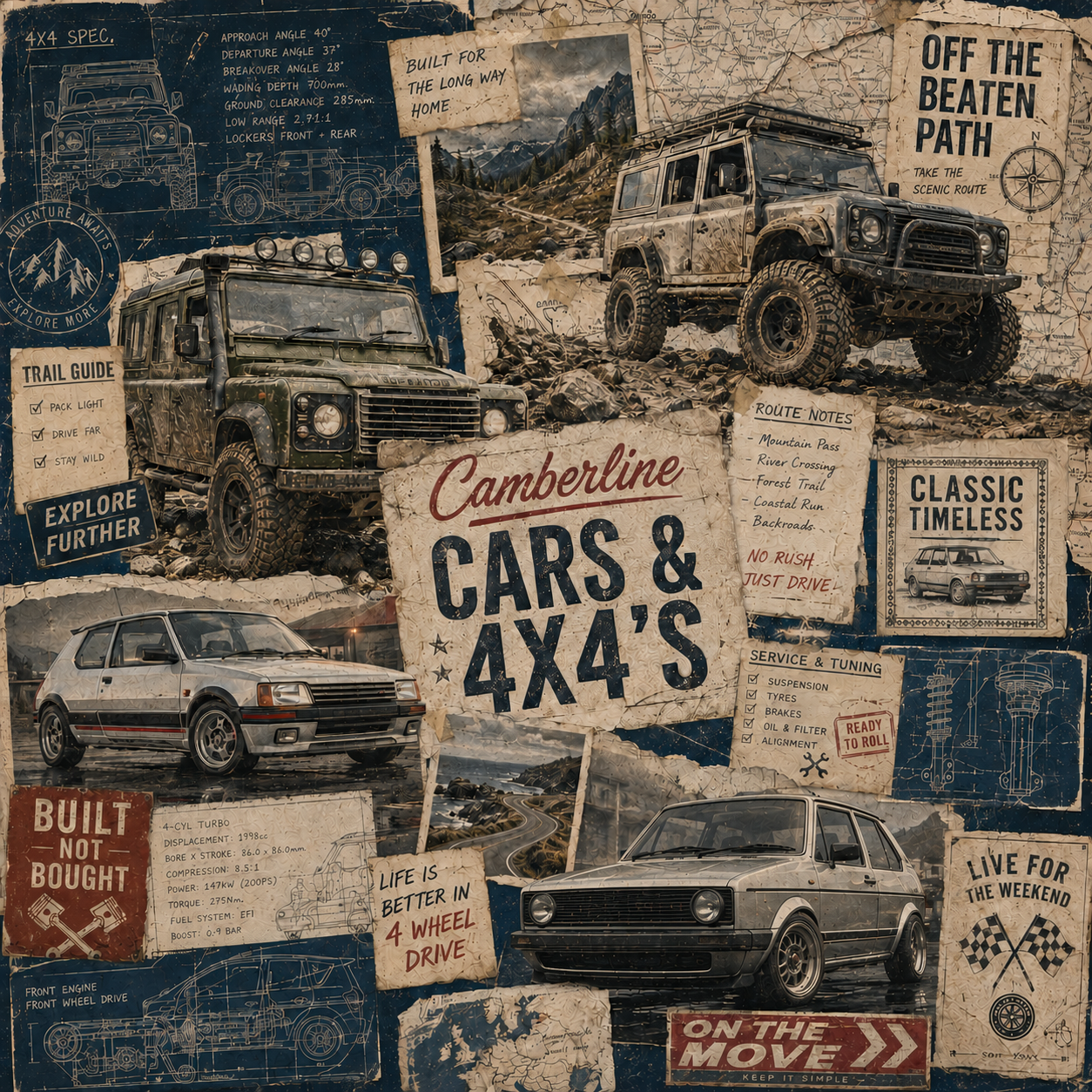 Camberline Cars & 4x4’s collection hero with badgeless off-road vehicles, classic cars, maps and garage notes.