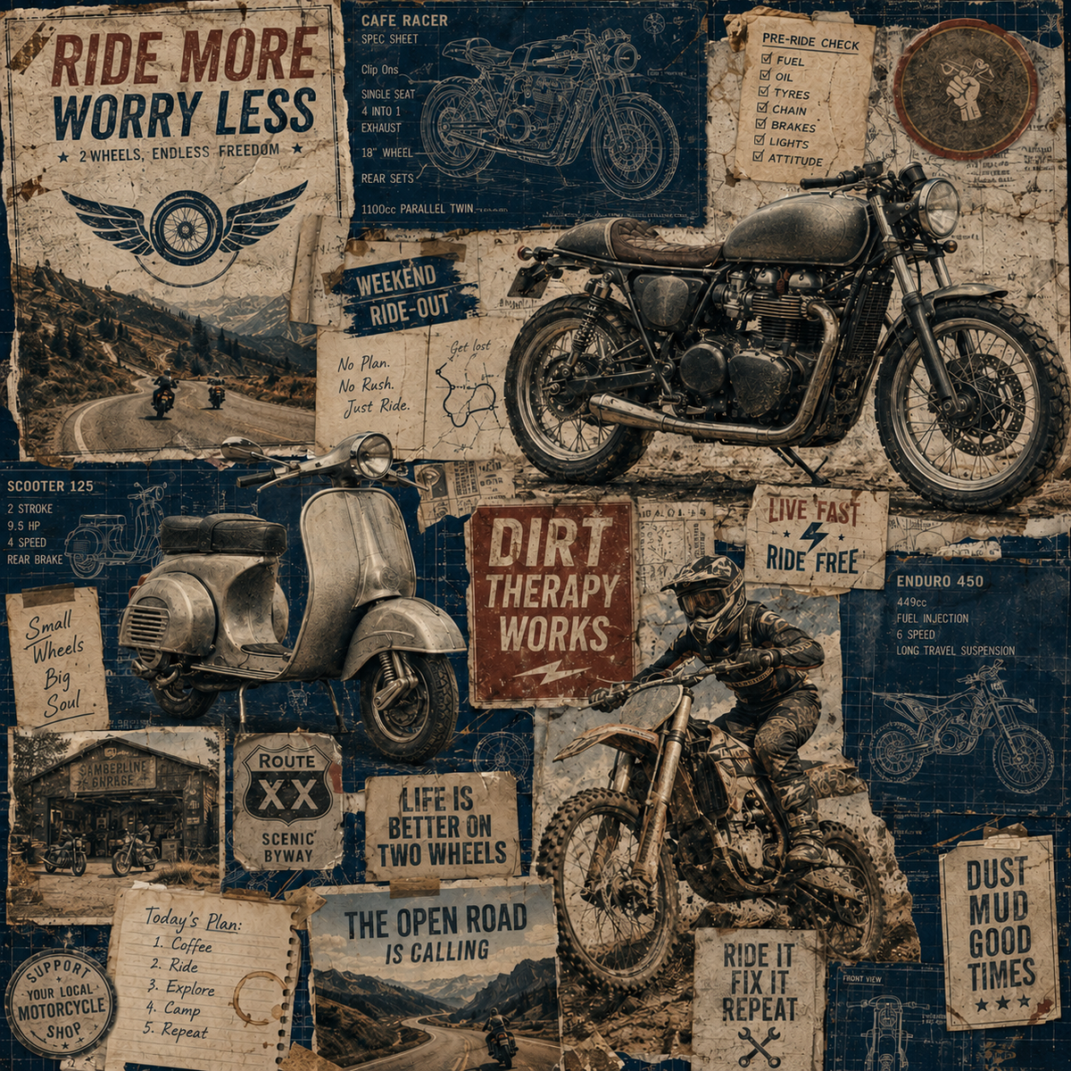 Camberline riders collection hero with café racer, classic scooter, enduro bike, workshop notes and road-trip graphics.