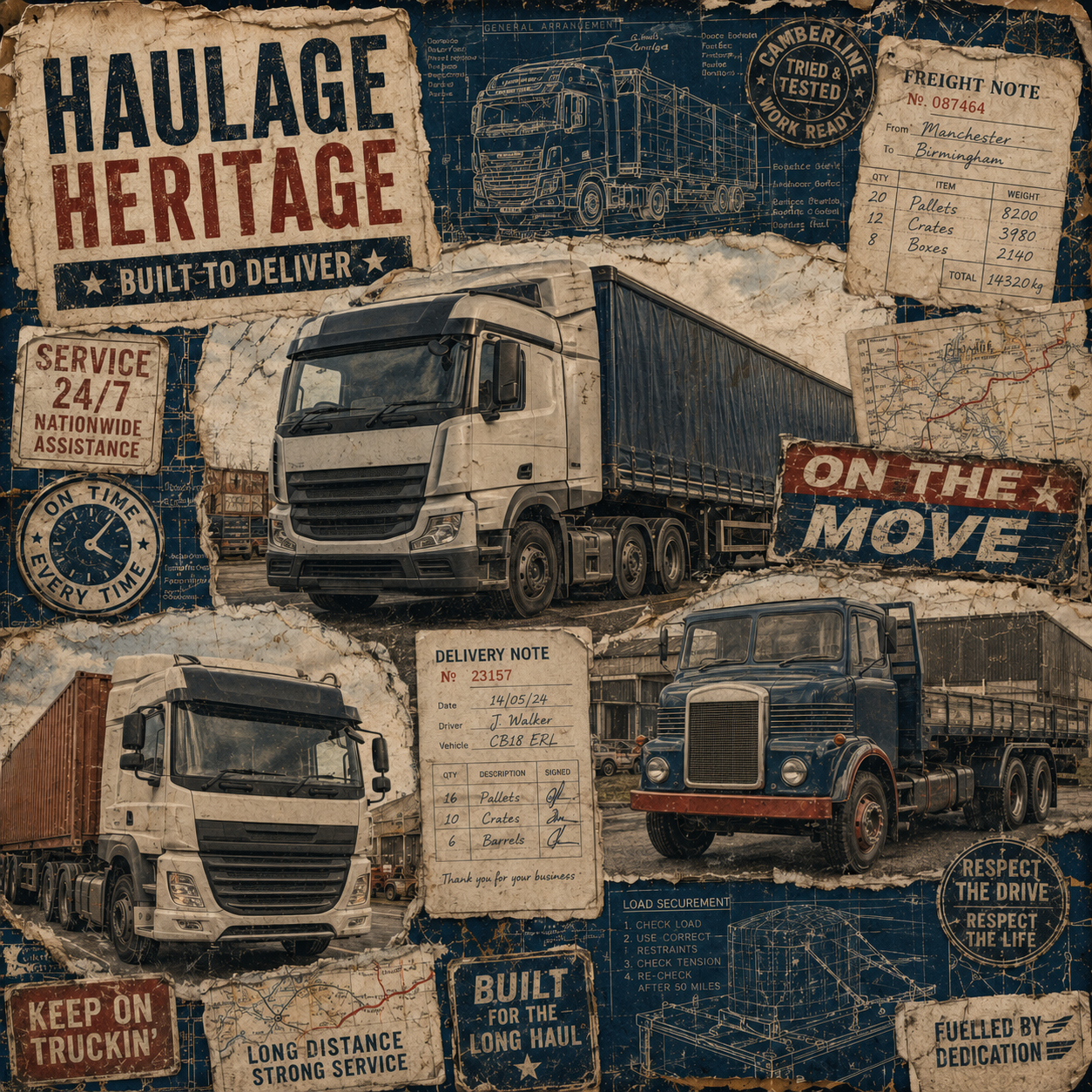 Camberline lorry and haulage collection hero with modern and classic trucks, freight notes, maps and blueprint details.