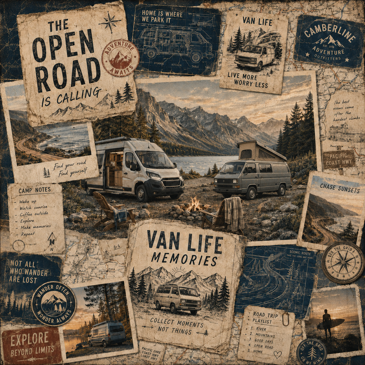 Camberline van life collection hero with camper vans, mountain campsite, road-trip maps, camp notes and adventure graphics.