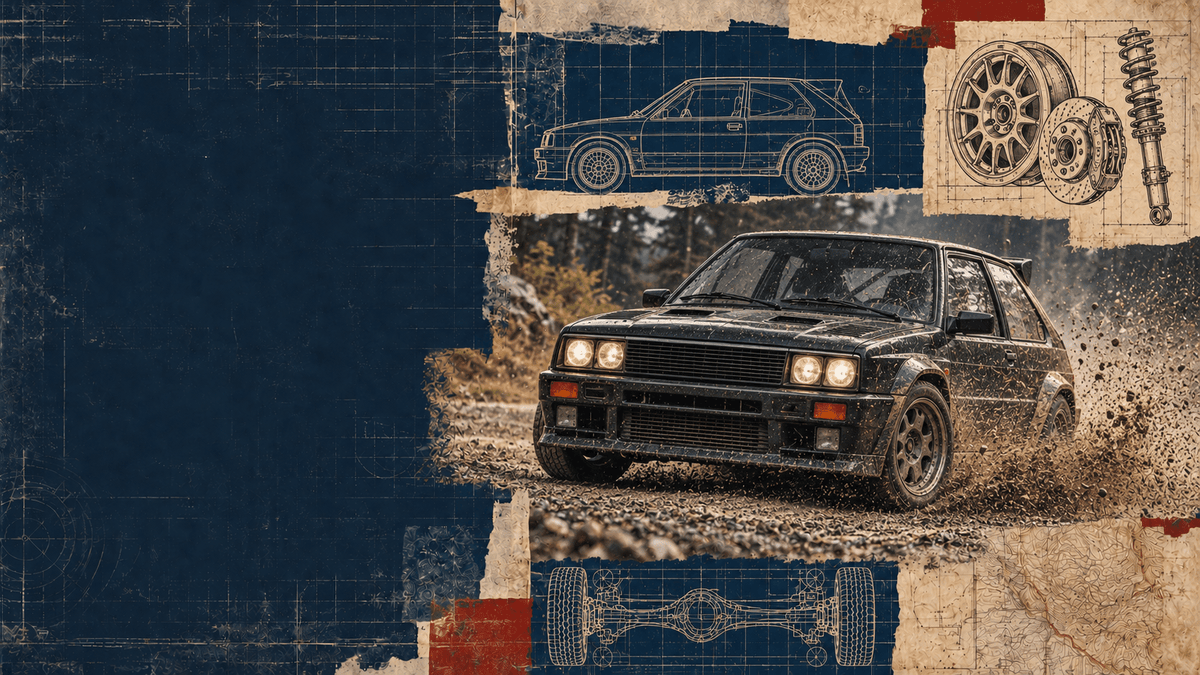 Vintage blueprint collage featuring a badgeless rally hot hatch on a gravel forest stage, with wheel, brake and suspension drawings.