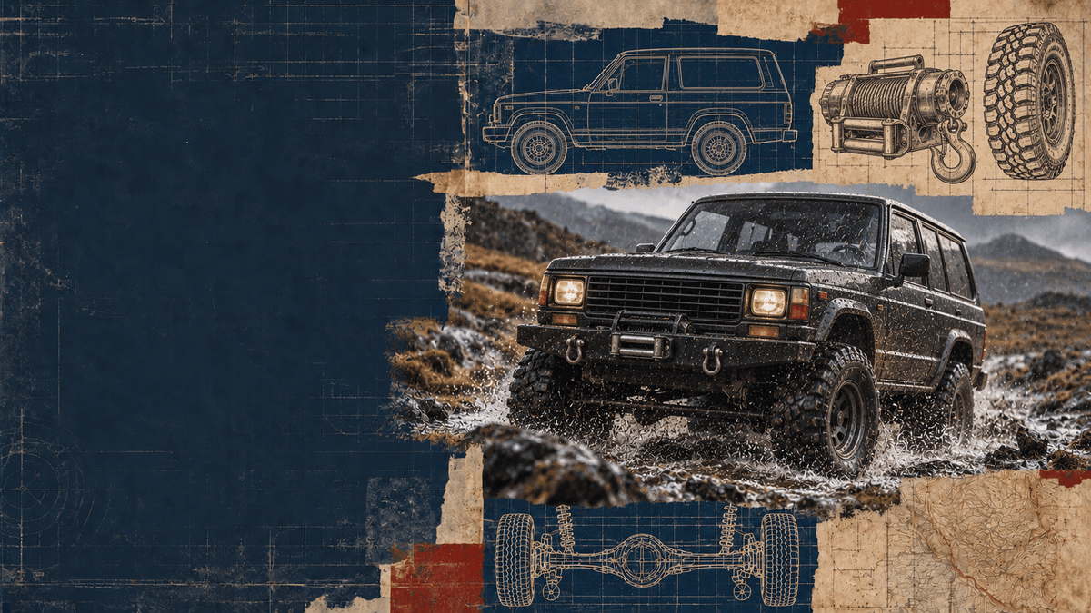 Vintage blueprint collage featuring a badgeless rugged 4x4 crossing a rocky moorland track, with winch and all-terrain tyre drawings.