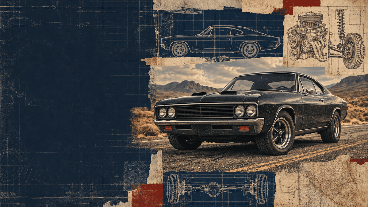 Vintage blueprint collage featuring a badgeless classic American muscle coupe, V8 engine drawings and a desert highway.