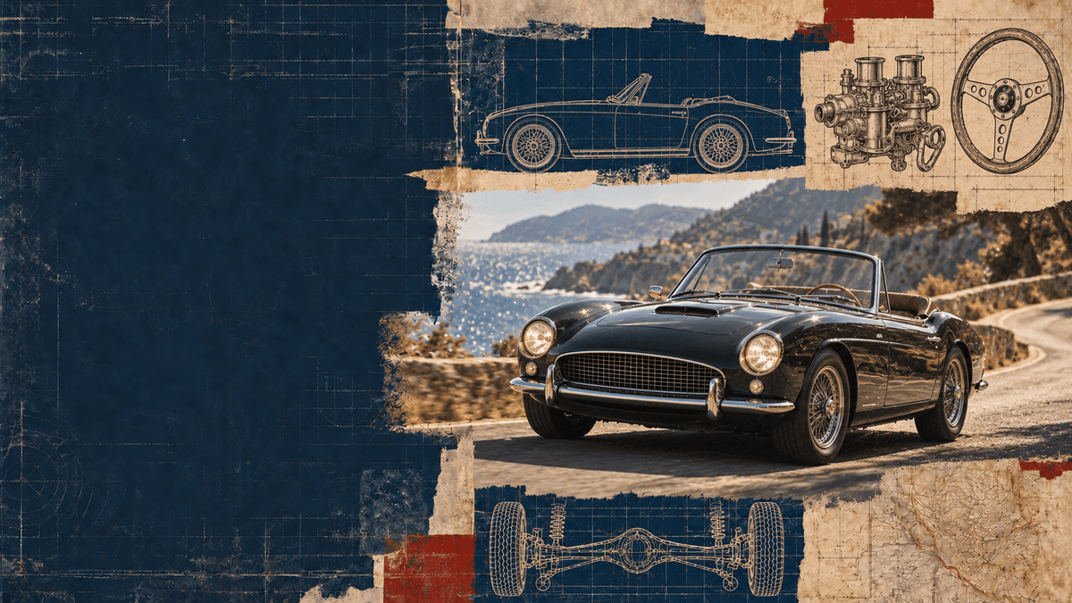 Vintage blueprint collage featuring a badgeless classic convertible grand tourer on a Mediterranean coastal road, with roadster and carburettor drawings.