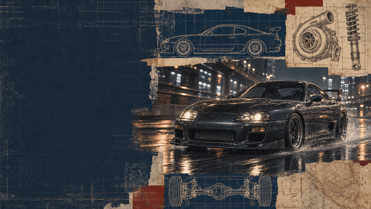 Vintage blueprint collage featuring a badgeless Japanese performance coupe on a wet city night road, with turbocharger and suspension drawings.