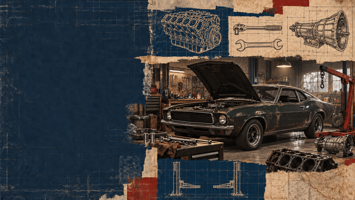 Vintage blueprint collage showing a badgeless classic project car in a workshop, with engine, gearbox and mechanic’s tool drawings.