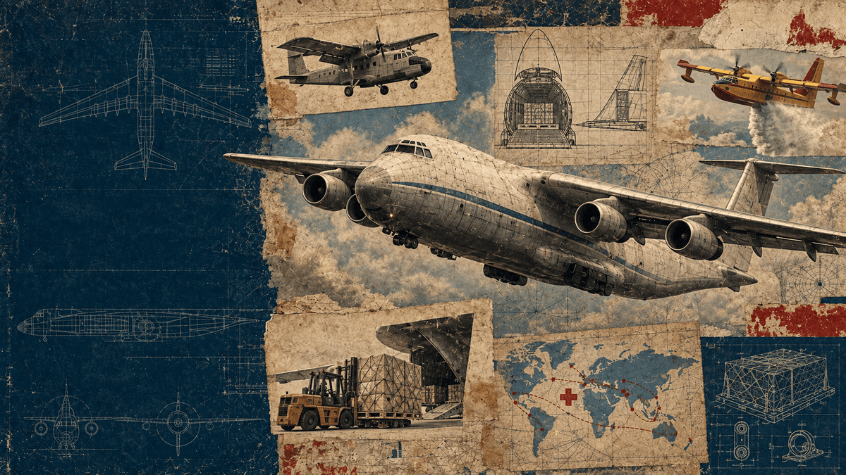 Vintage aviation collage featuring a cargo transport aircraft, utility plane, firefighting water bomber and cargo-loading blueprints.