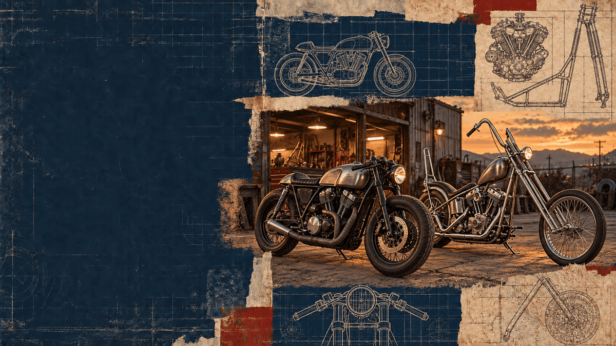 Vintage blueprint collage featuring a badgeless custom café racer motorcycle, with engine, frame and workshop blueprint details.