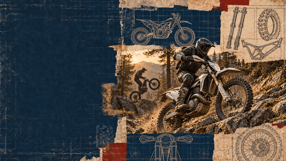 Vintage blueprint collage featuring a badgeless off-road motorcycle riding through woodland terrain, with knobbly tyre and chassis drawings.