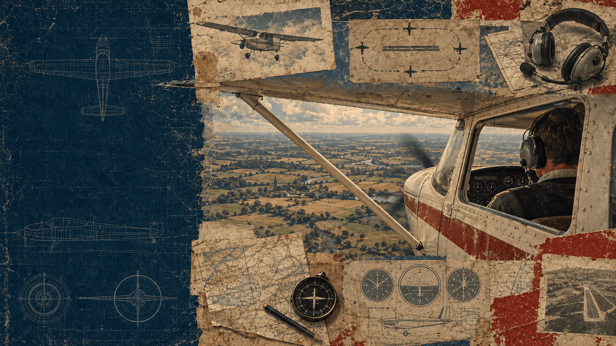 Vintage aviation collage showing a light aircraft cockpit over British countryside, with flight charts, headset and blueprint drawings.