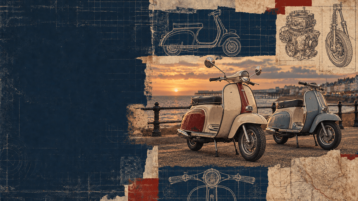 Vintage blueprint collage featuring a badgeless classic scooter on a British coastal road, with scooter-engine and mechanical drawings.
