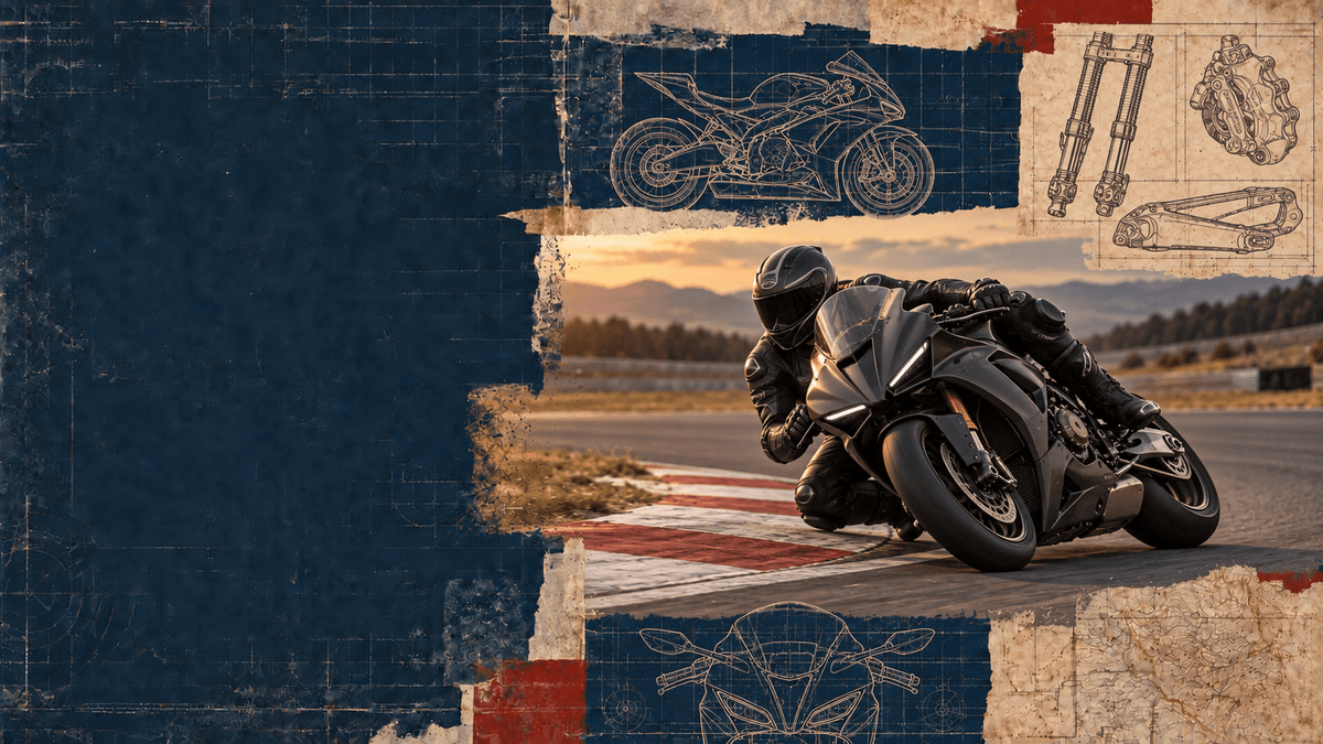 Vintage blueprint collage featuring a badgeless sport motorcycle leaned into a race circuit corner, with suspension and brake technical drawings.