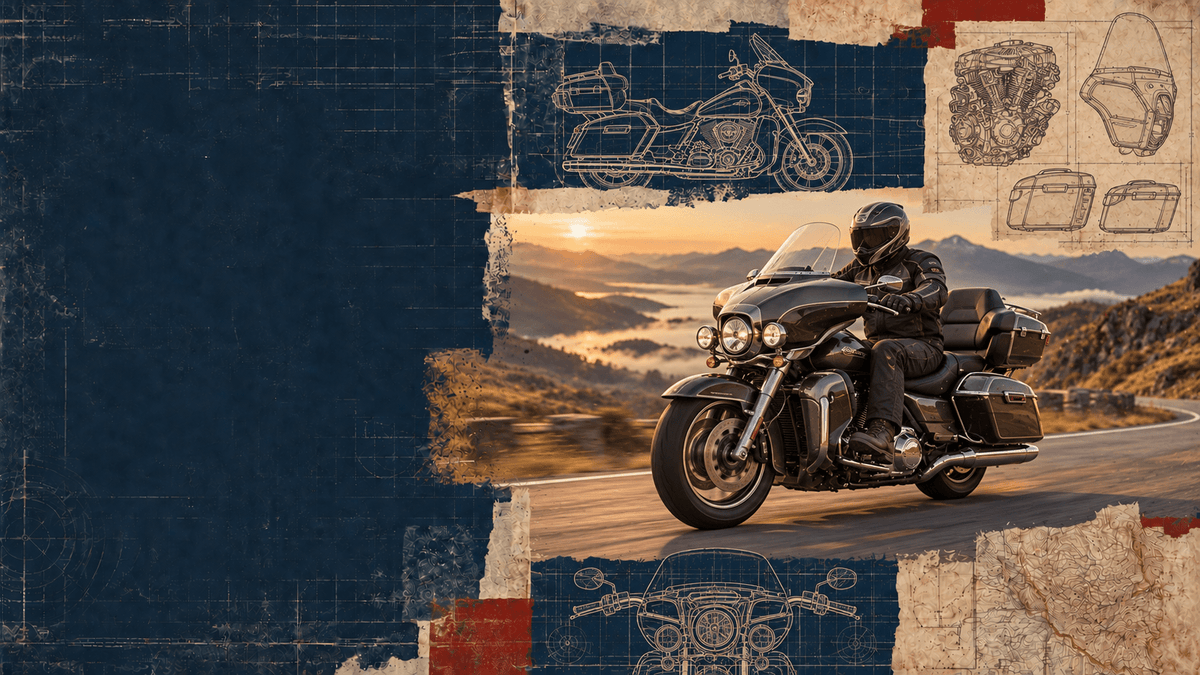 Vintage blueprint collage featuring a badgeless touring motorcycle on an open mountain road, with route-map and motorcycle technical drawings.