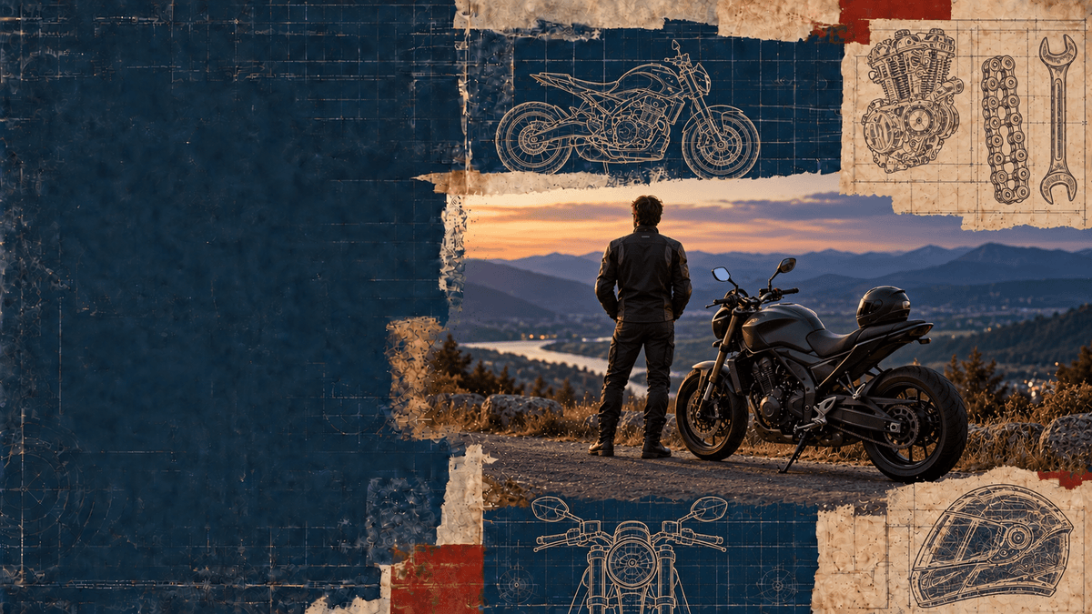 Vintage blueprint collage featuring a badgeless motorcycle beside an open road at dusk, with riding gear and mechanical blueprint details.