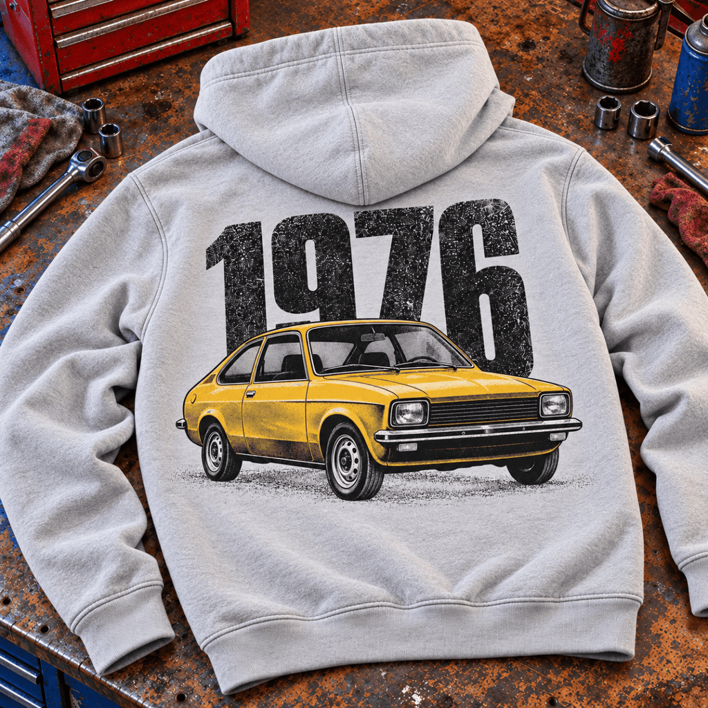 1976 retro hatchback hoodie in sport grey (heather grey), back workshop garment view – car-hd-0157