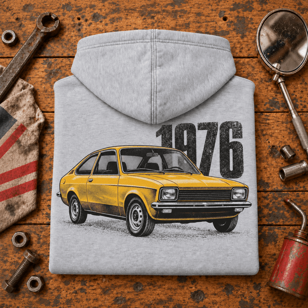 1976 retro hatchback hoodie in sport grey (heather grey), folded workshop hero – car-hd-0157