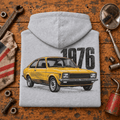 1976 retro hatchback hoodie in sport grey (heather grey), folded workshop hero – car-hd-0157