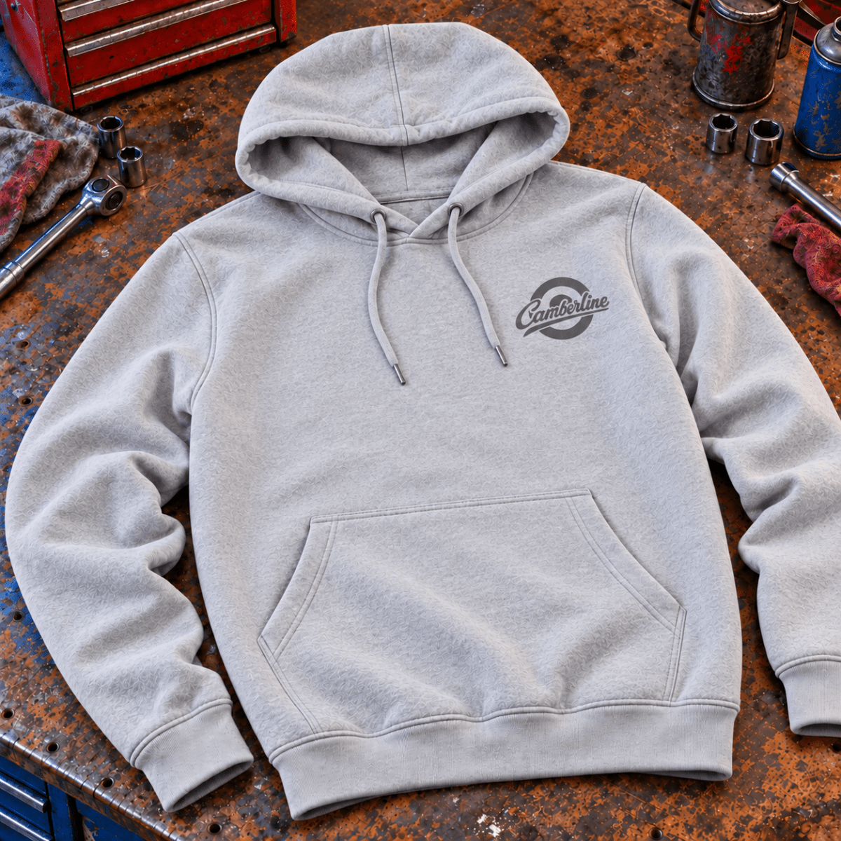 1976 retro hatchback hoodie in sport grey (heather grey), front workshop garment view – car-hd-0157