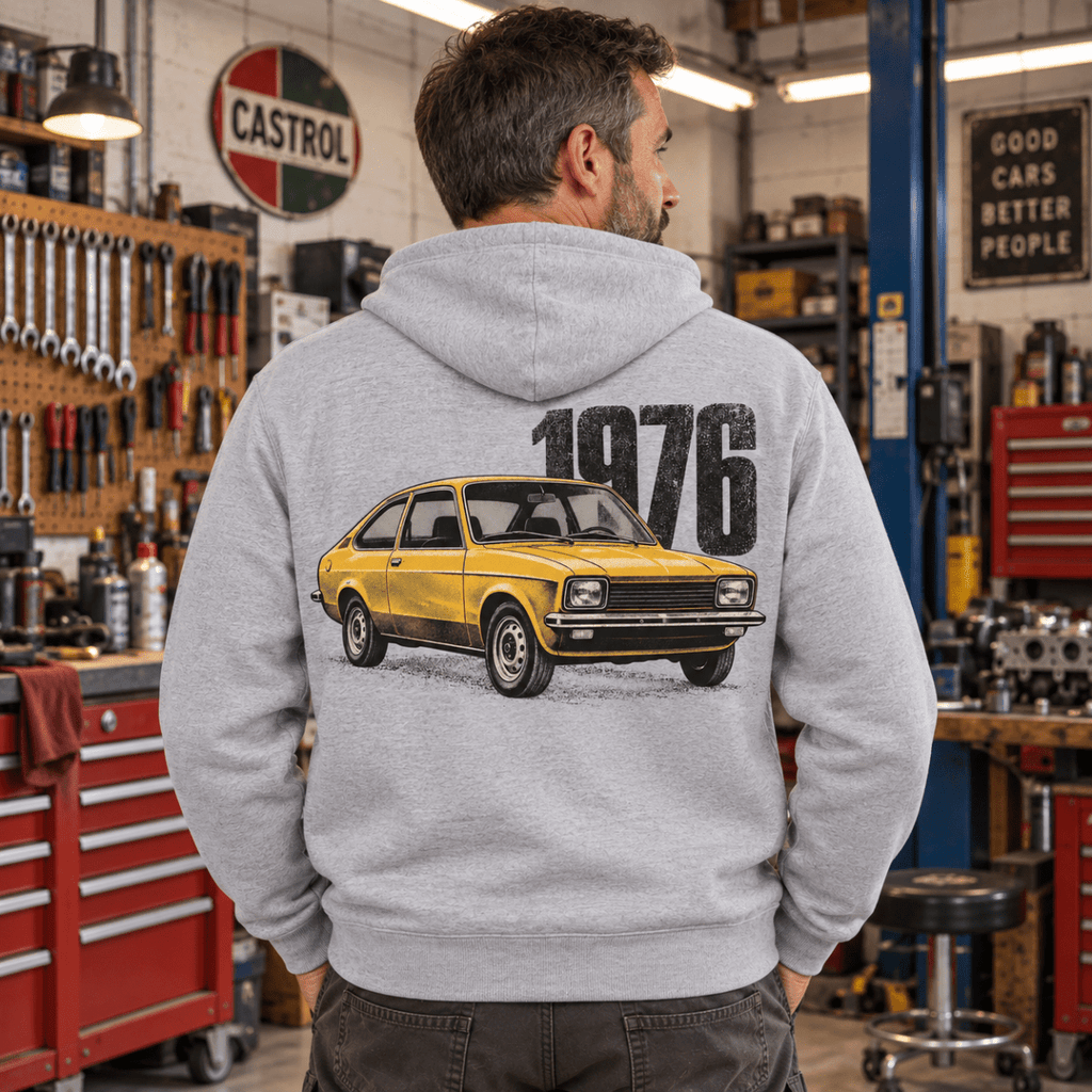 1976 retro hatchback hoodie in sport grey (heather grey), model back – car-hd-0157
