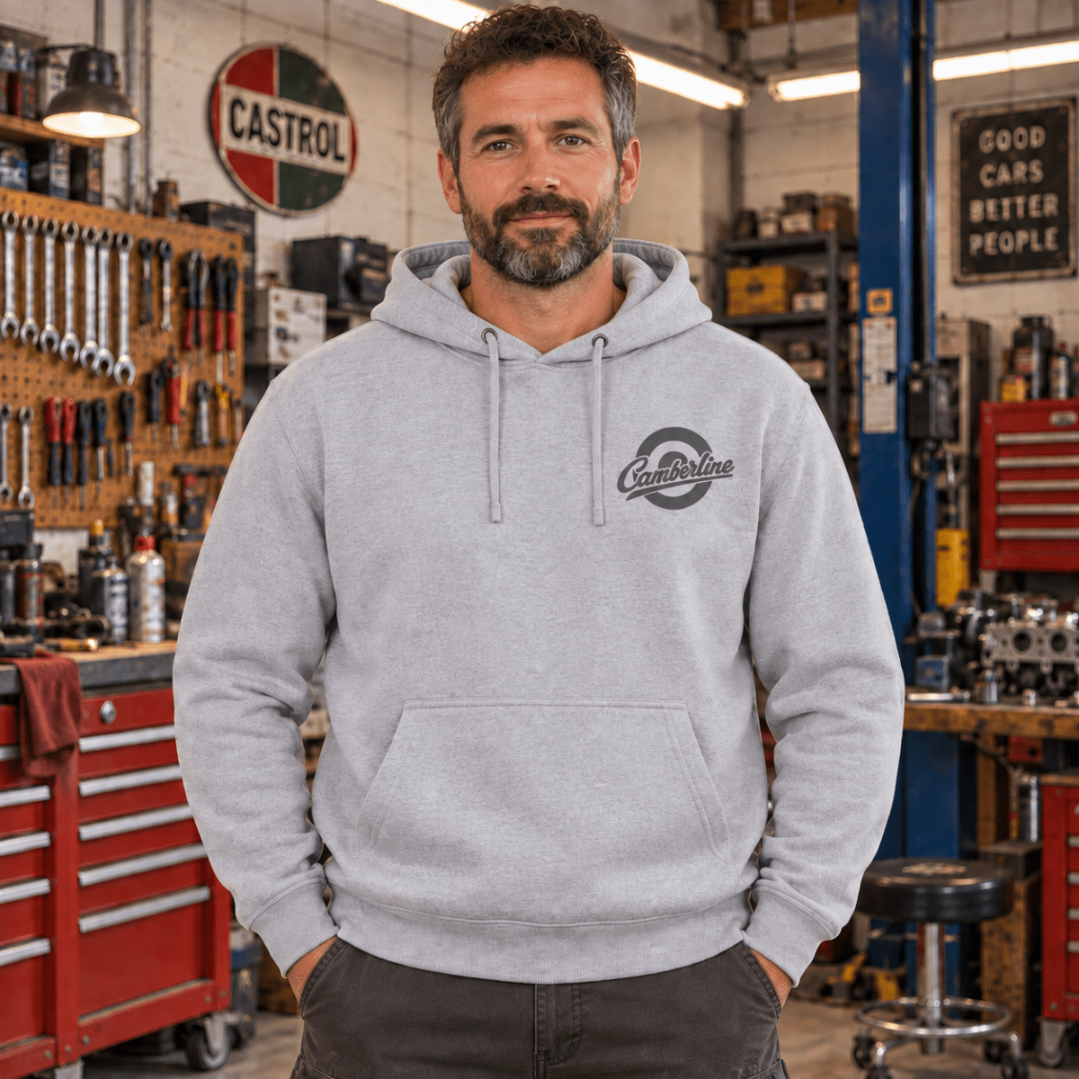 1976 retro hatchback hoodie in sport grey (heather grey), model front – car-hd-0157