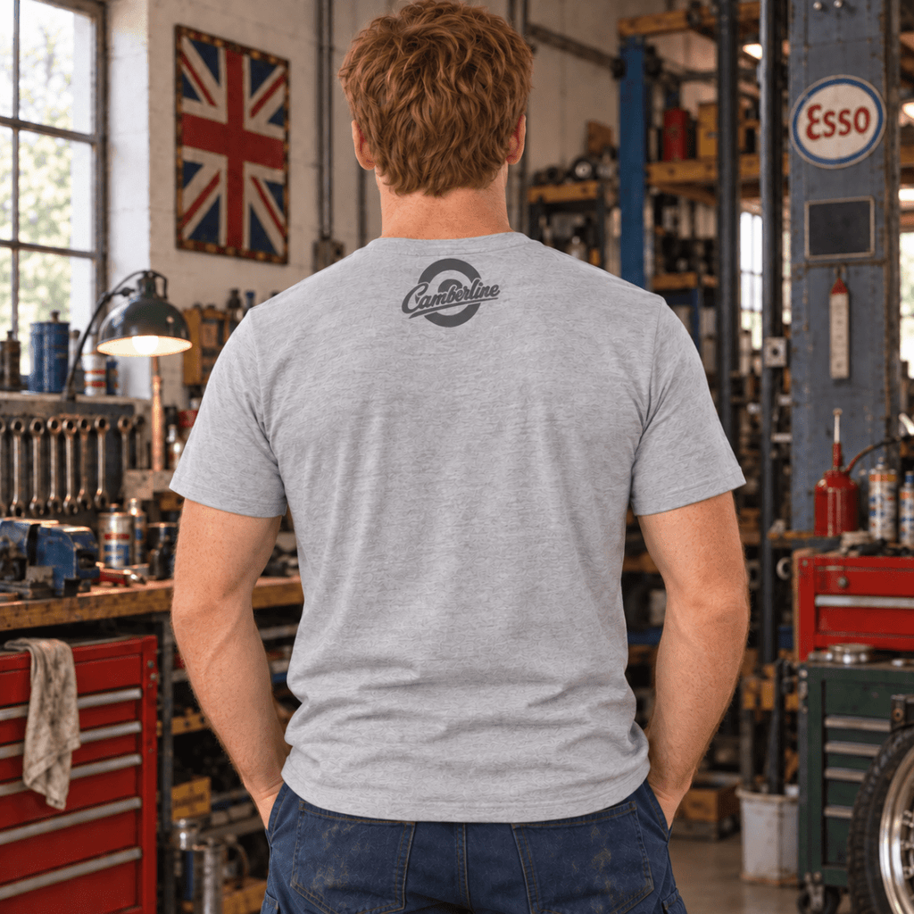 1976 retro hatchback t-shirt in sport grey (heather grey), model back – car-ts-0157