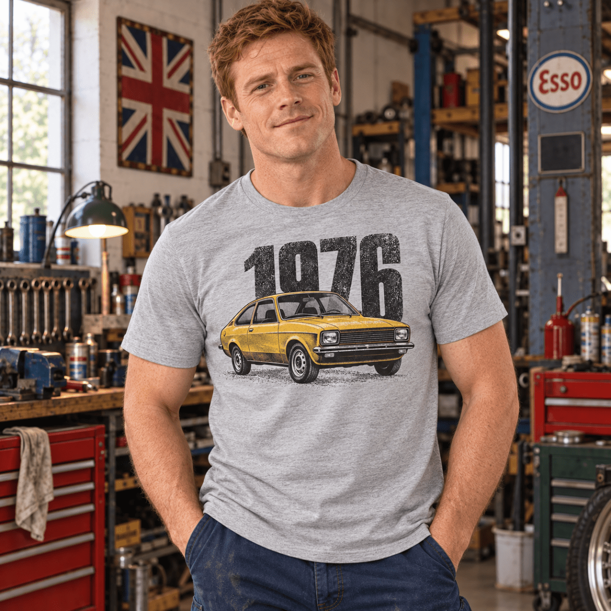 1976 retro hatchback t-shirt in sport grey (heather grey), model front – car-ts-0157