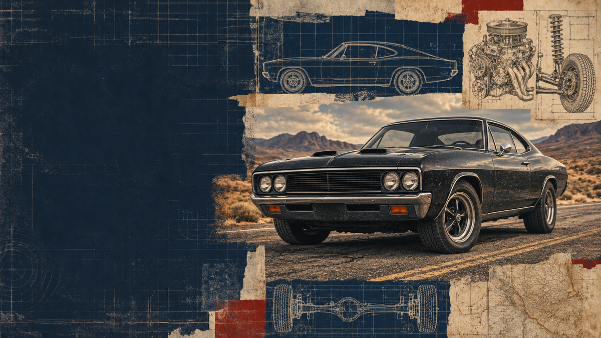 A vintage black muscle car is shown driving on a desert road, overlaid with blueprint-style graphics, technical drawings, and a distressed collage background.