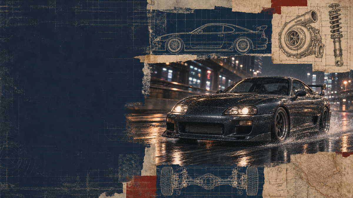 A dark gray sports car driving on a wet city street at night, with blueprint-style technical drawings of a car and a turbocharger layered over the scene.