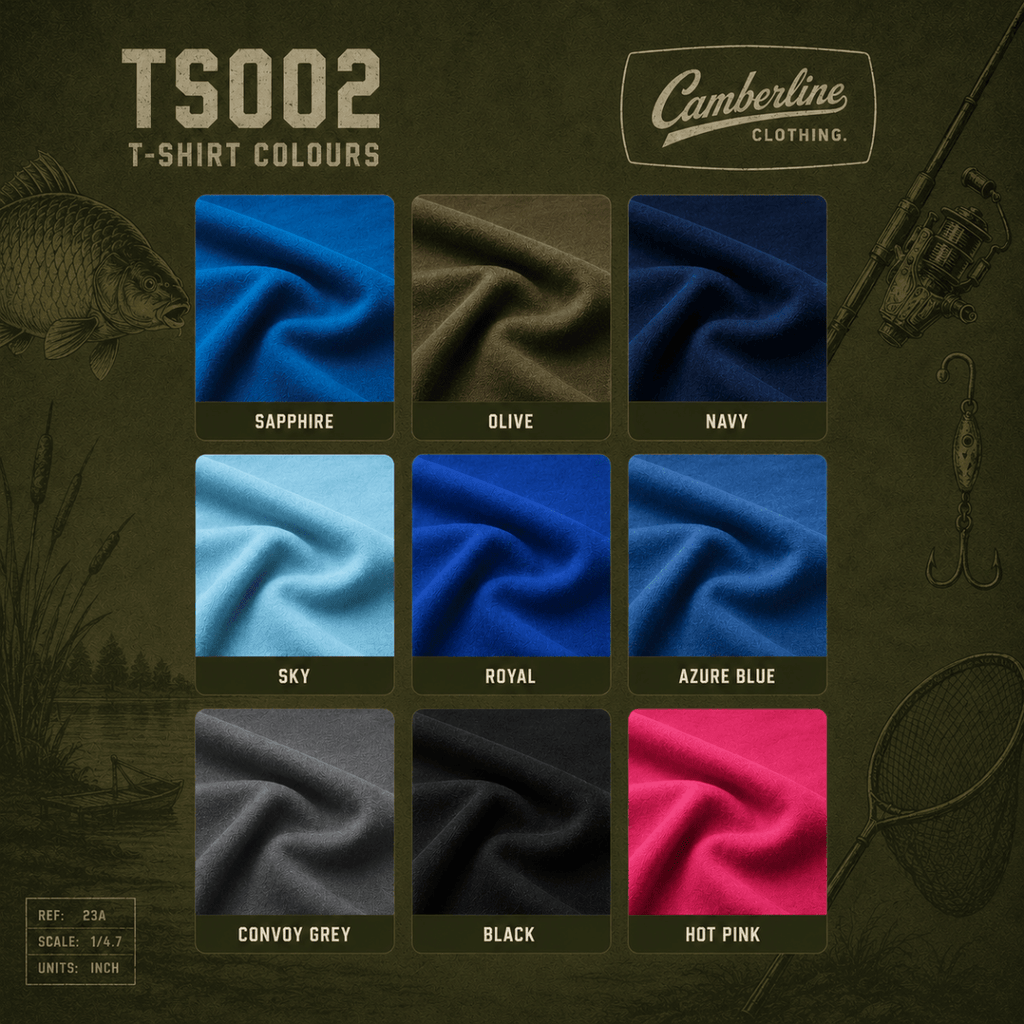 A color chart graphic for Camberline Clothing's TS002 T-Shirt, showing nine fabric swatches in different colors: Sapphire, Olive, Navy, Sky, Royal, Azure Blue, Convoy Grey, Black, and Hot Pink, arranged in a grid on a dark olive green background with fishing-themed illustrations.