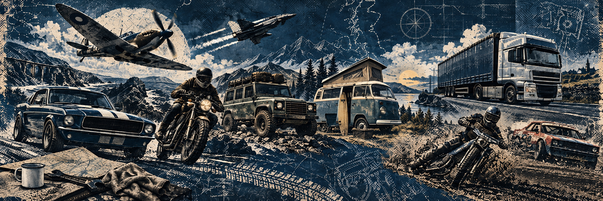 A stylized collage-style artwork showing multiple vehicles and a rider in motion against a dramatic mountainous night scene. Visible subjects include a black muscle car, a dirt bike, a vintage truck, a box truck, a van, and a car, rendered in dark blue, black, white, and gray tones with a gritty poster-like texture.