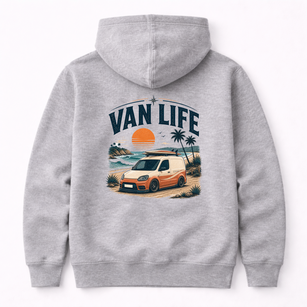 Gray hoodie with 'Van Life' graphic on the back featuring a van, sunset, and palm trees.