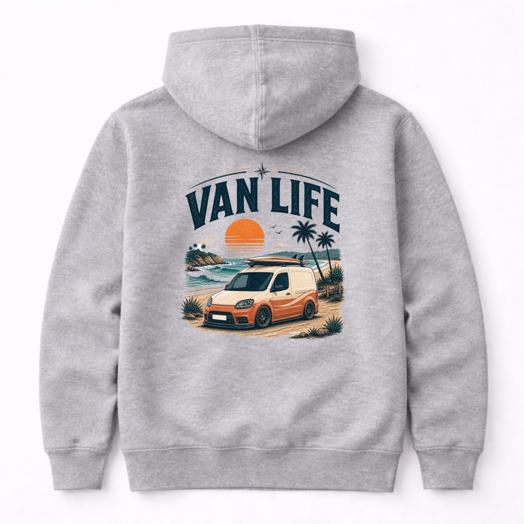 Gray hoodie with 'Van Life' graphic on the back featuring a van, sunset, and palm trees.