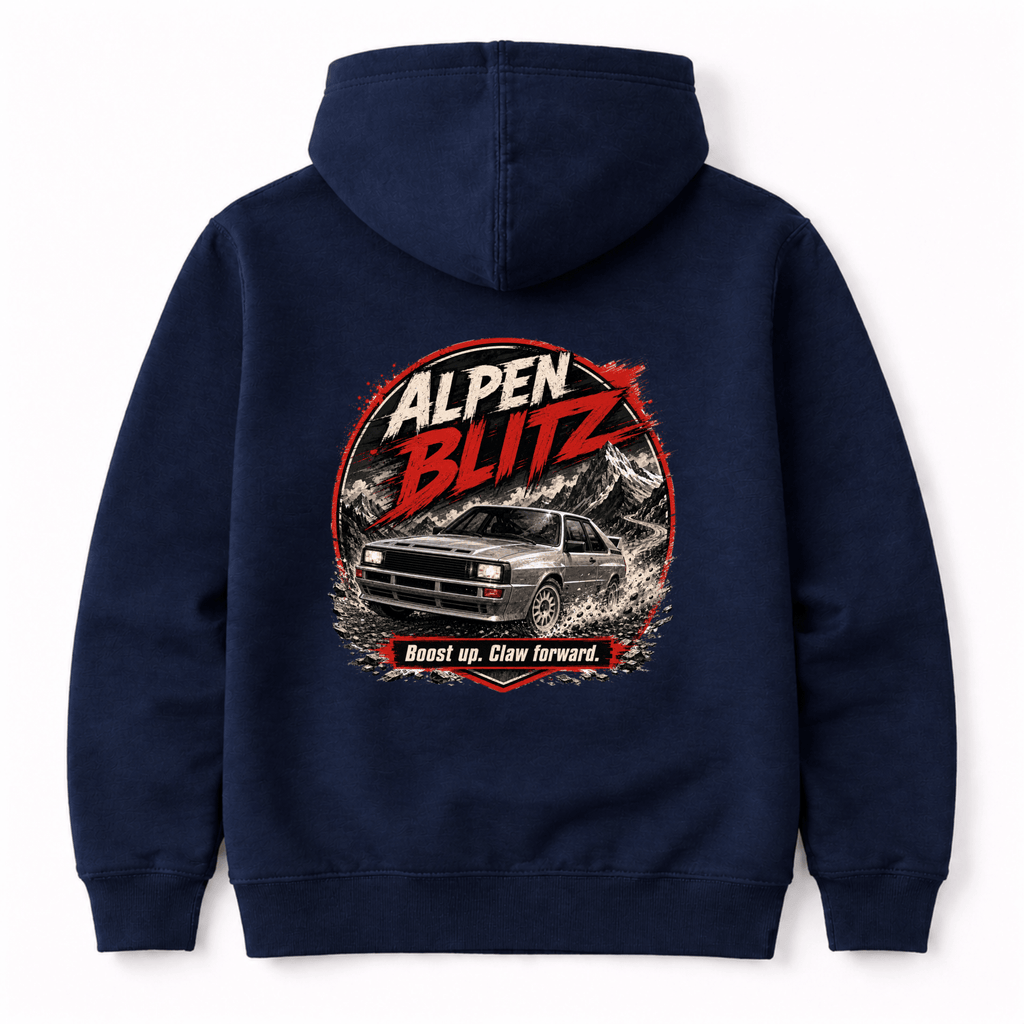 Camberline Cars Alpen Blitz Hoodie in Navy showing back graphic