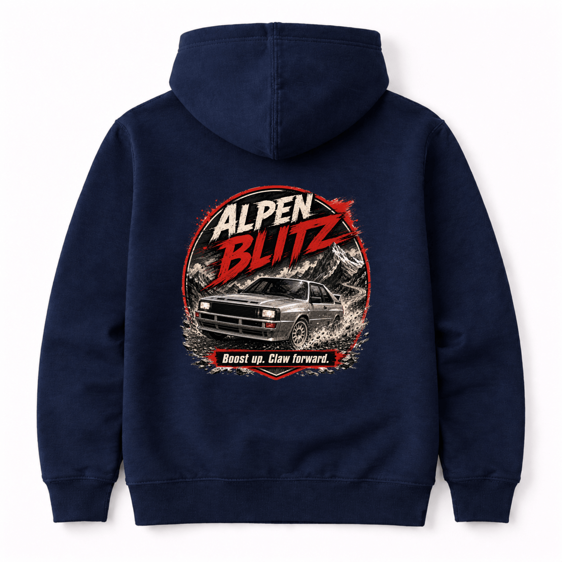 Camberline Cars Alpen Blitz Hoodie in Navy showing back graphic