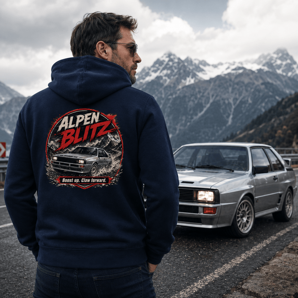 Model wearing Camberline Cars Alpen Blitz Hoodie in Navy